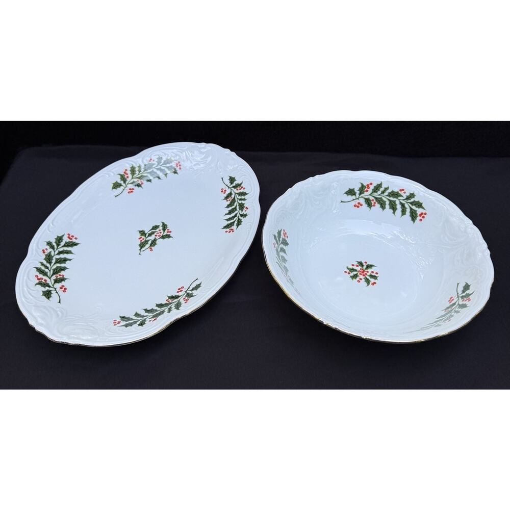 Vintage Royal Kent Christmas Holiday Holly Poland Serving Platter & Bowl Nice!